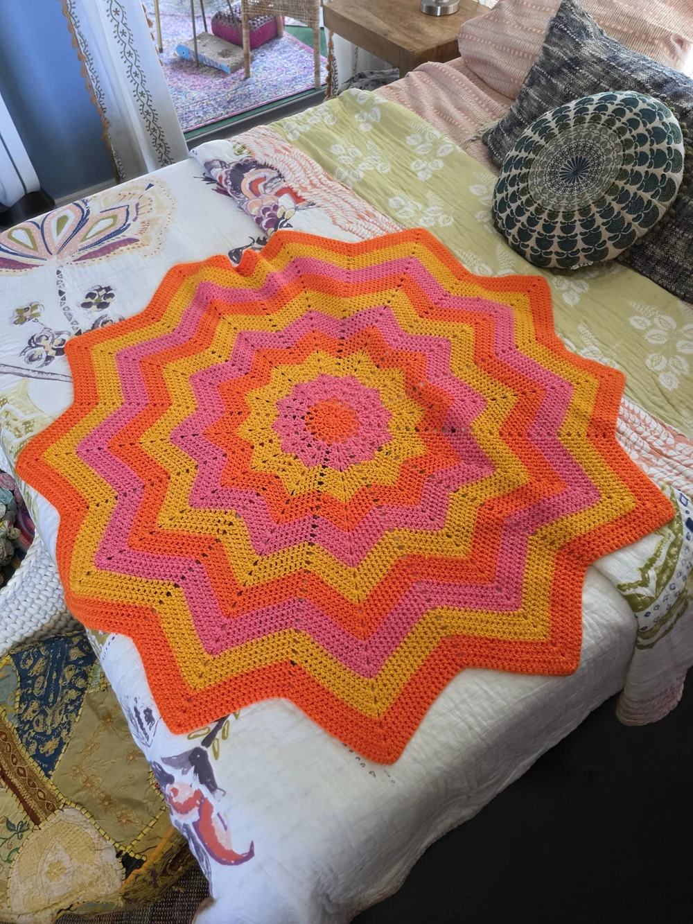 Handmade Starburst Crochet Throw Blanket - Pink & Orange